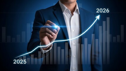 Businessman interacting with futuristic graph and chart display projected on a digital screen with rising arrow