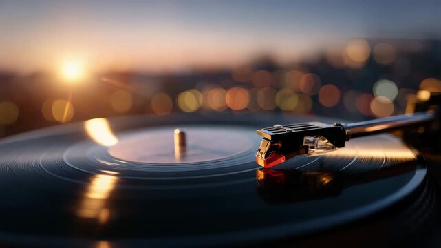 307Macro image of spinning vinyl record with stylus in focus, warm reflections on record surface, retro turntable details softly highlighted in background