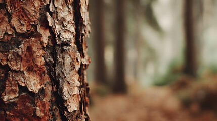 Close up of rough pine tree bark in a forest setting.