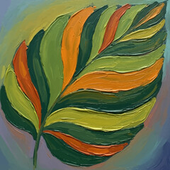 Abstract Painted Leaf with Vibrant Green Orange and Yellow Stripes.