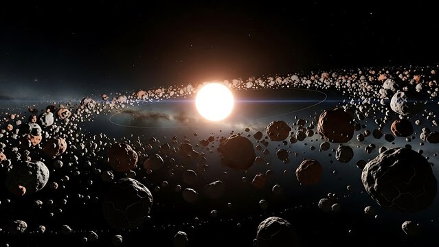 A cosmic view of an expansive asteroid belt orbiting a brilliant white sun in the depths of space. The astroid belt holds ancient space secrets.