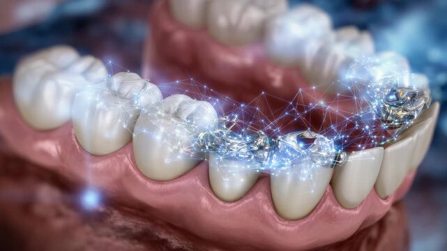 Anatomically correct 3D diagram showing premolar implant alignment guide placed, laser positioning lines casting reflective glow on enamel and surgical steel, highly technical visu