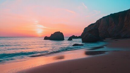 Fototapeta premium tropical sunset over ocean with palm trees