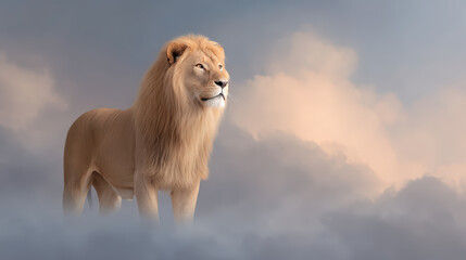 Obraz premium Majestic lion on soft cloudscape sky, golden mane, fantasy wildlife scene, calm expression, dreamlike light
