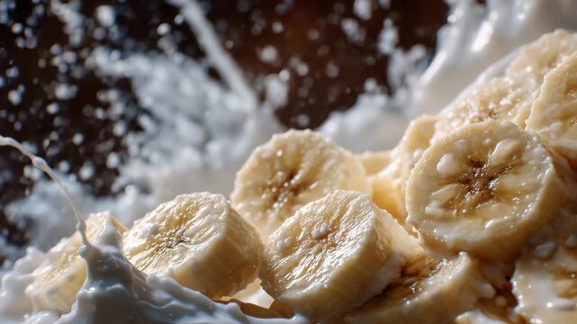 Banana slices submerged halfway into milk, splash frozen at peak height, creamy swirls and flying droplets creating vibrant food-motion drama