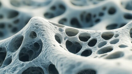 Close up microscopic view of porous bone tissue structure showing intricate network and cellular details