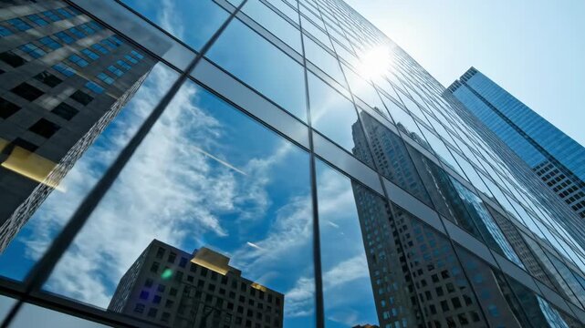 Tall commercial buildings create a breathtaking scene as their glass facades reflect the brilliant sunlight and dynamic clouds above. This urban moment encapsulates artistic elegance.