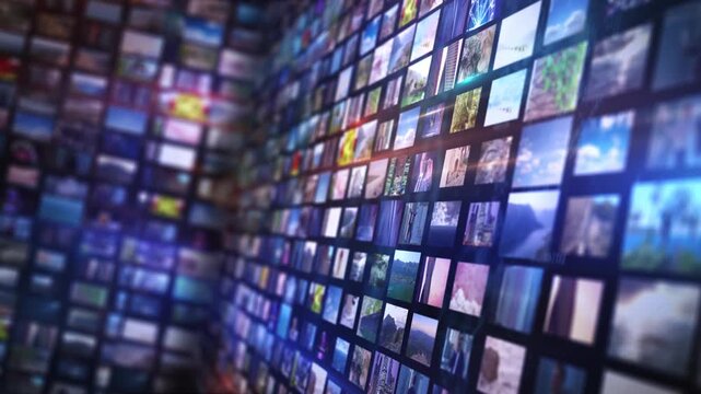 Media wall displaying mixed content screens broadcasting information