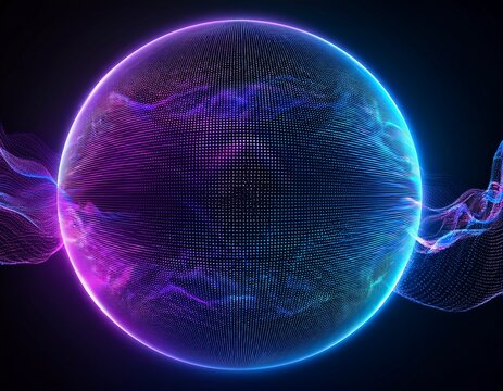 blue and purple neon 3d sphere of gradient waves and glowing particles abstract technology concept artificial intelligence engineering big data and innovations vibrant futuristic sphere