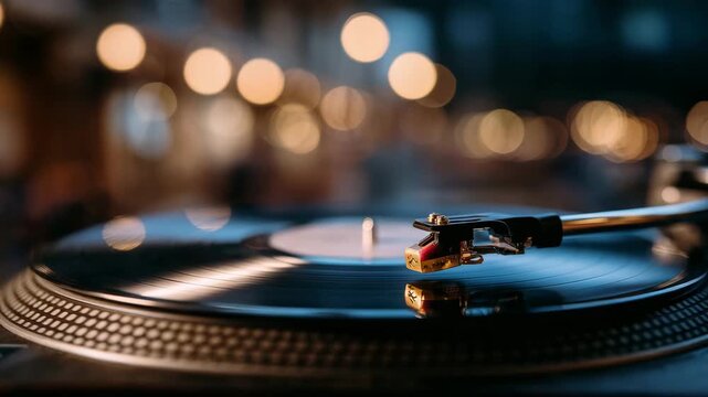 Close-up detail of vintage record player needle gliding through grooves, textured platter, shallow depth of field, nostalgic music listening ambiance