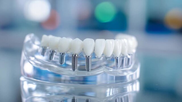 Close-up diagonal layout of dental bridge implant system, pristine white sterile surface enhancing focus on polished components and medical precision