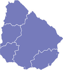 Blue map of Uruguay with white departmental borders, political geography, administrative divisions, South America country outline, vector illustration