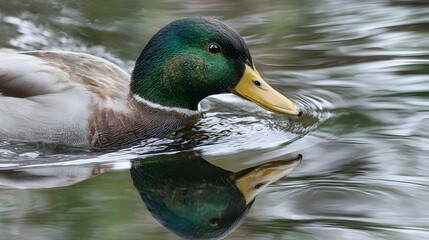 Obraz premium Close-up of a Mallard duck swimming in calm water with reflection.