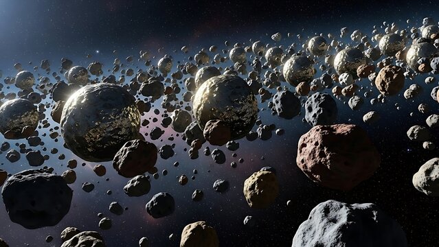 A stunning view of a dense asteroid belt in deep space with numerous space rocks. The astroid belt holds ancient space secrets.