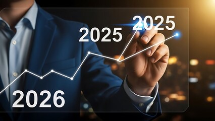 Businessman interacting with a virtual graph displaying future projections for 2025 and 2026 in a futuristic setting with city lights