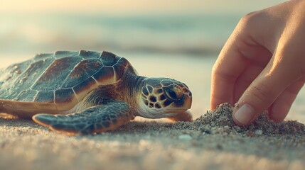 Close-up of a sea turtle being fed by a human hand on a sandy beach at sunset.