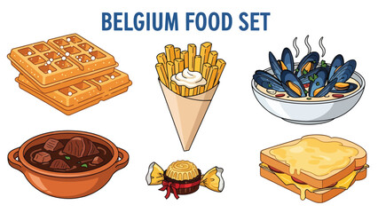 Belgium food set featuring Belgian Waffles, Fries, Mussels, Chocolate, Beer & Speculoos. Perfect for menus, apps, websites & culinary designs