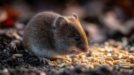 Close-up of a small brown field mouse foraging for seeds on the forest floor.