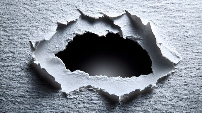 Close-up of a ragged hole torn in textured gray paper.