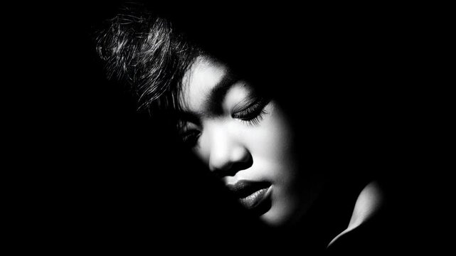 Monochrome portrait capturing intense emotion with dramatic lighting and soft shadows emphasizing facial features and raw human expression in black and white.