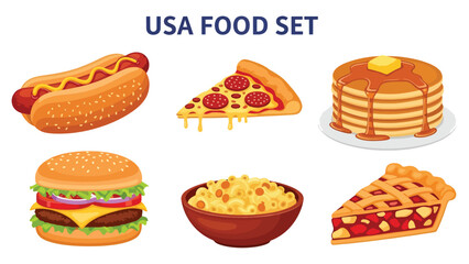 USA food set featuring Hot Dog, Pizza, Burger, Pancakes, Mac & Cheese & Pie. Perfect for menus, apps, websites & culinary designs