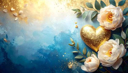 Elegant floral background with 3D golden glitter heart, peonies and eucalyptus on soft pastel gradient. Floral composition, glowing texture, artistic backdrop, copy space for love and romantic designs