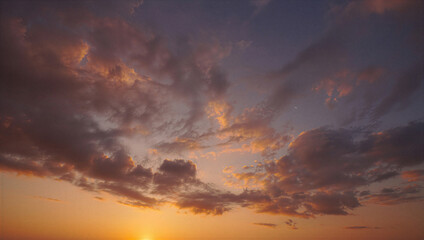 Obraz premium Vibrant Sunset Sky Panorama: Colorful Clouds Illuminated by Golden Hour Light. Dramatic Natural Beauty, Evening Horizon View