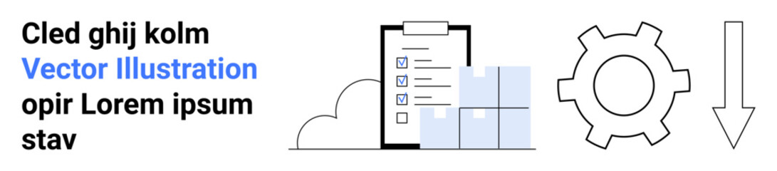 Checklist on clipboard, cloud, stacked cubes, gear, and arrow emphasize productivity, organization, and optimization. Ideal for project planning, workflow data management tech business