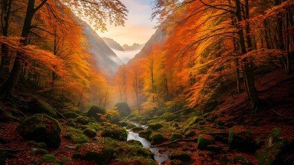 Autumn forest valley with stream and misty mountains at sunrise