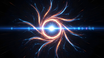 Obraz premium Abstract glowing energy vortex in deep space with lens flare effect, futuristic digital art visualization of a black hole or cosmic phenomenon