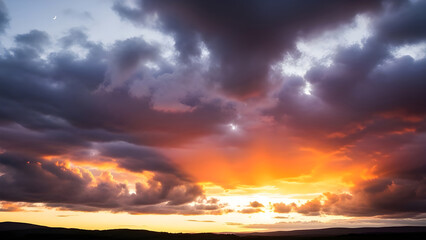 Fototapeta premium Dramatic sunset sky with intense orange and dark storm clouds over a distant horizon