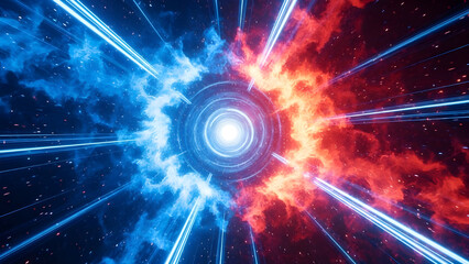 Abstract tunnel of light and energy, blue and red cosmic vortex in deep space with glowing particles and speed lines, futuristic hyperspace travel concept