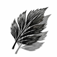 Detailed Black and White Drawing of a Single Leaf with Shadow.