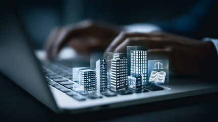 A close-up shot of hands working on a laptop with a digital city model projecting from the screen, representing the intersection of technology and urban development.