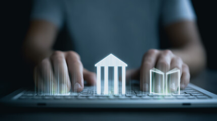 An imaginative composition with open book icon and courthouse icon overlays on a laptop keyboard, representing online education and the integration of law and learning.