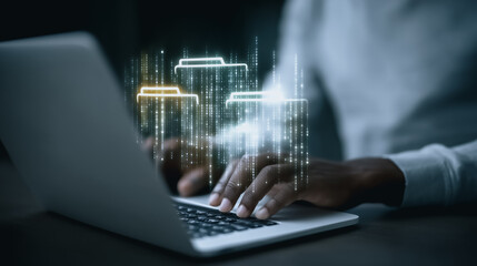 An individual meticulously navigates a cutting-edge laptop interface, embodying the essence of modern technology and connectivity.