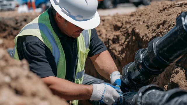 Close-up of worker connecting downspout drainage pipes leading to underground water collection system