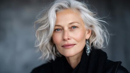 Close-up portrait of a stylish senior woman with luminous silver hair, confident expression, black minimalist attire, soft studio lighting evoking sophistication and strength