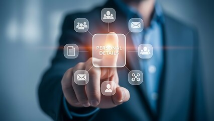 Businessman interacting with futuristic digital interface icons floating in mid air around his hand in a professional setting