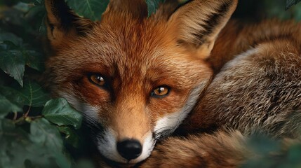 Close-up Portrait of a Red Fox Resting in Lush Green Foliage.