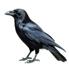 Fototapeta premium Detailed Black Raven Bird Profile Against Black Background corvid black bird isolated on a transparent background