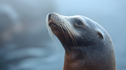 Fototapeta premium Close-up portrait of a majestic sea lion with its head tilted upwards.