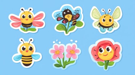 Obraz premium Cute Cartoon Insects and Flowers Clipart Set