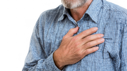 Smiling grateful middle aged man in casual clothes is keeping his hand on chest expressing his sincere gratitude, on a transparent background