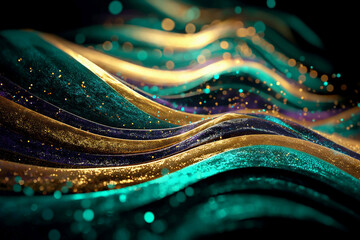 Glitter Emerald Golden Wave Stripes Design. Shiny moving lines design element with bokeh effect background