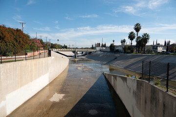 View of the Los Angeles river at Browns Canyon Wash in the San Fernando Valley area of Los Angeles California.  