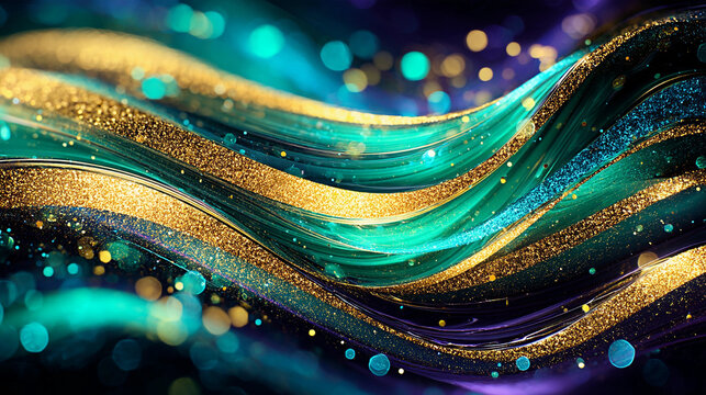 Glitter Emerald Golden Wave Stripes Design. Shiny moving lines design element with bokeh effect background