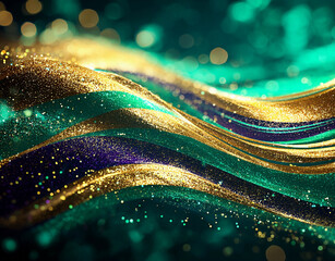 Glitter Emerald Golden Wave Stripes Design. Shiny moving lines design element with bokeh effect background