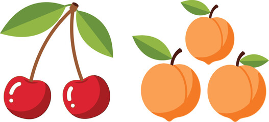 Illustrative cherries and apricots with green leaves on transparent background