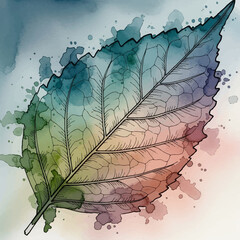 Detailed Watercolor Painting of a Single Leaf with Veins.